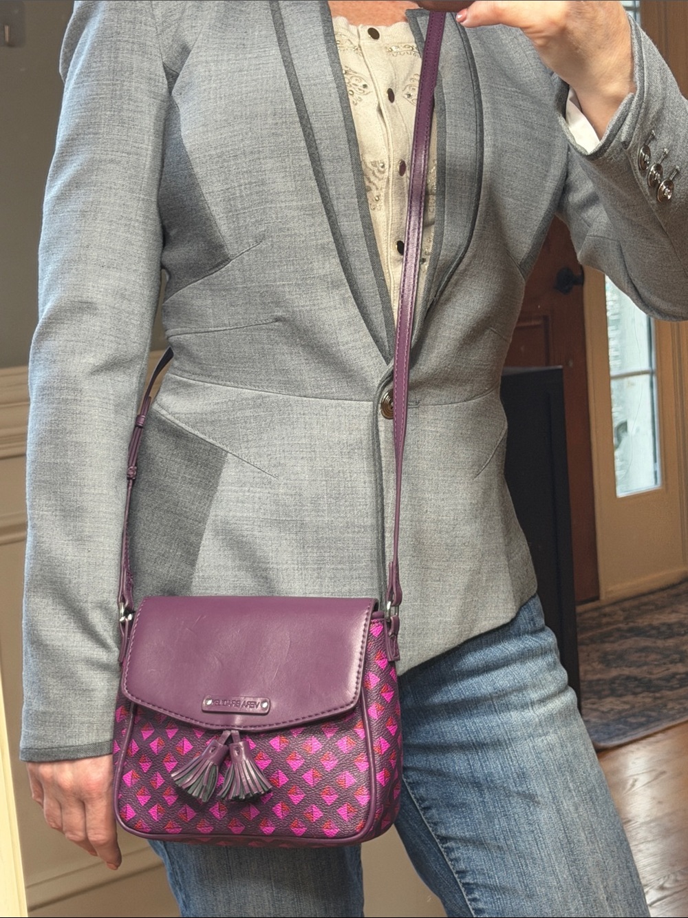 Vera Bradley Boho 2010s RETIRED Print Tassel Crossbody Pink/Purple Crossbody